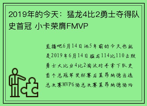 2019年的今天：猛龙4比2勇士夺得队史首冠 小卡荣膺FMVP